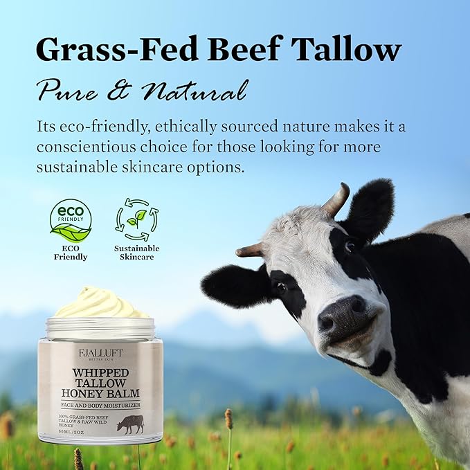 Tallow Face Moisturizer for Women: Beef Tallow Balm with Raw Honey and Olive Oil for Mature Skin – 100% Whipped and Grass Fed Cow Fat Facial Cream