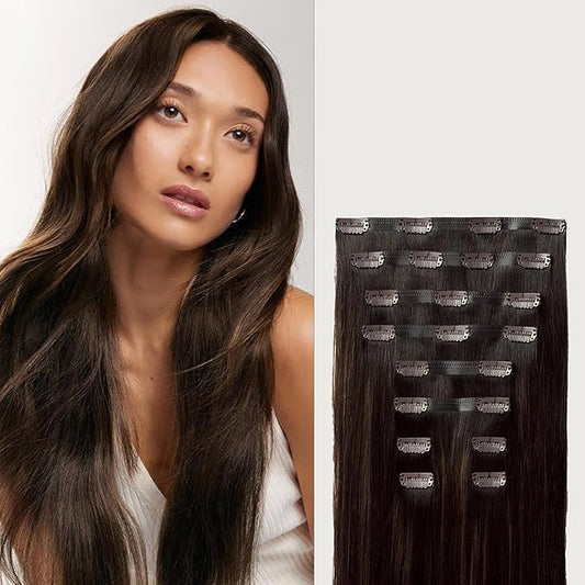 Luxy 100% Remy Human Hair - Seamless Clip-In Hair Extensions - Multi-Dimensional Color for Natural Blending, Adds Volume & Length 180 grams 20" Dimensional Rooted Espresso Brown