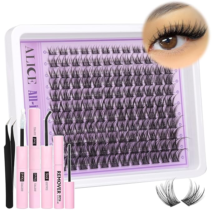Wispy Lash Clusters Kit Natural Lash Extensions Kit DIY Cluster Eyelash Extensions C-Curly 8-16mm Individual Lashes Kit with Lash Remover Black Bond and Seal Soft Thin Band by ALICE