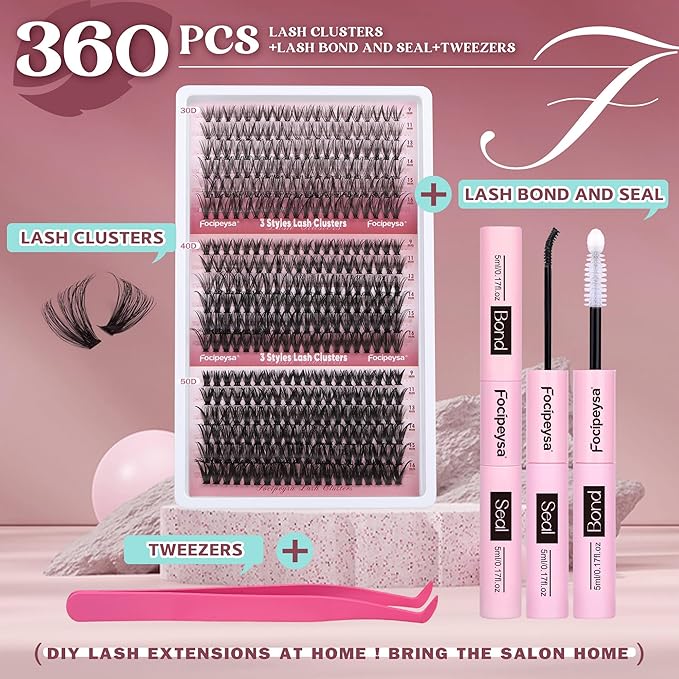Focipeysa Wispy Lash Clusters 360pcs Eyelash Extension 30D 40D 50D Individual Lashes 9-16mm Mixed Eyelash Clusters Natural Lash Extensions with Lash Bond and Seal and Tweezers DIY Cluster Eyelashes