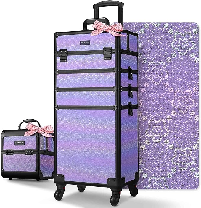 BYOOTIQUE 4in1 Rolling Makeup Train Case w/Cube Case Cosmetic Organizer Purple