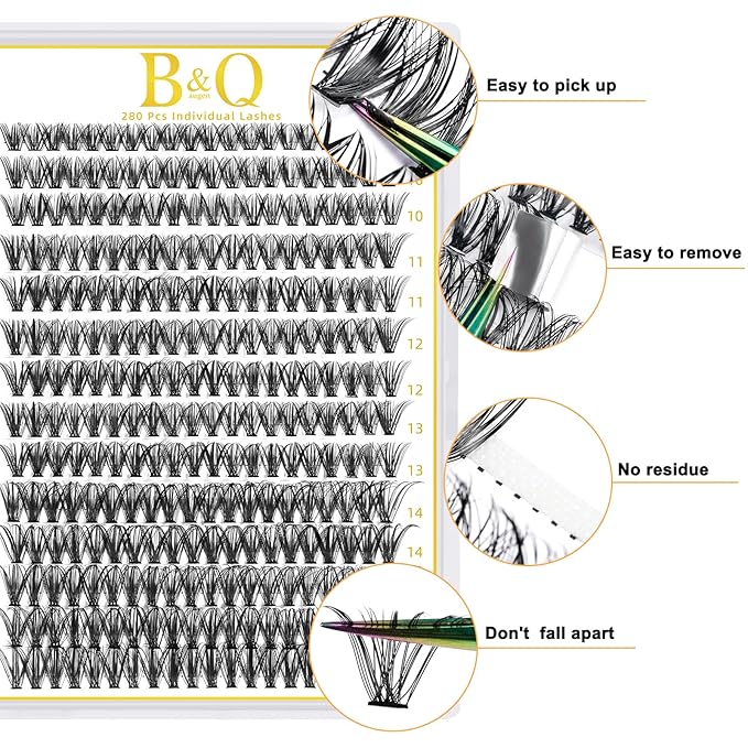 B&Q Lash Clusters 280PCS Natural Eyelash Clusters, 40D C 9-16MIX Individual Lash Wispy Eyelash Extension with Soft Thin Band, Classic Look Pestañas Postizas Comfortable DIY at Home(40D-C-9-16mm)