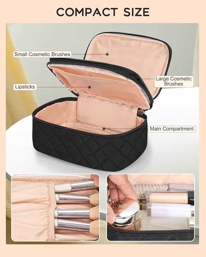 Relavel Small Makeup Bag, Travel Cosmetic Bag with Makeup Brush Compartment, Cute Make Up Pouch for Women, Double Layer Toiletry Organizer for Short Trip, Office - Black