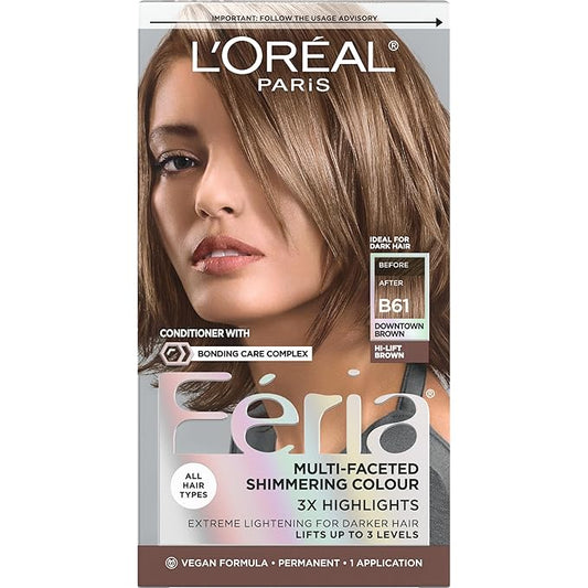 L'Oreal Paris Feria Multi-Faceted Shimmering Permanent Hair Color, B61 Downtown Brown (Hi-Lift Cool Brown), Pack of 1 Hair Dye Kit