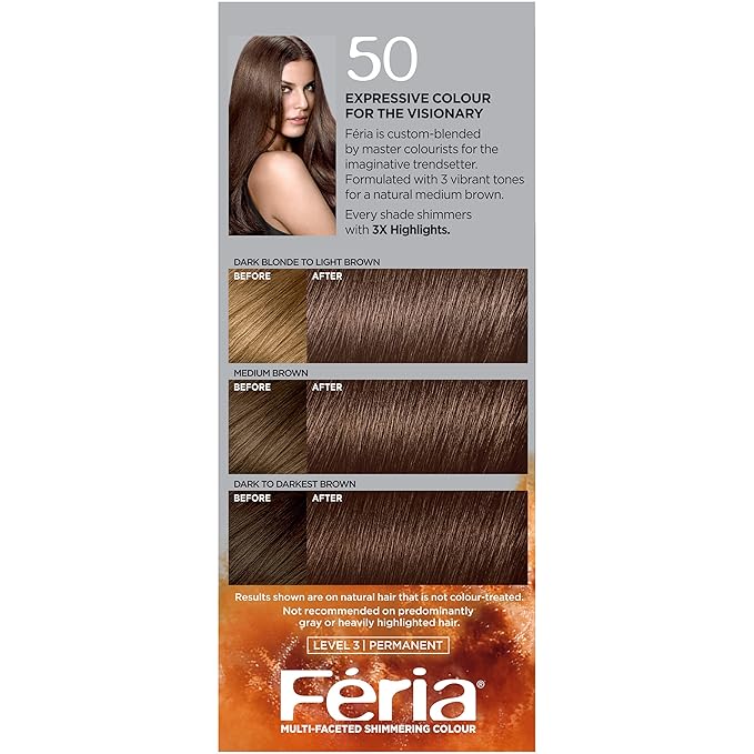 L'Oreal Paris Feria Multi-Faceted Shimmering Permanent Hair Color, 50 Havana Brown (Medium Brown), 1 kit, (Pack of 10)