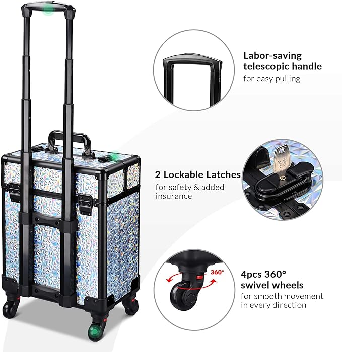 BYOOTIQUE Rolling Makeup Cart on Wheels False Eyelash Storage Nail Tech Carrying Organizer Box for Nail Artist Beauty Studio Barbershop Hairstylist,Mermaid Silver