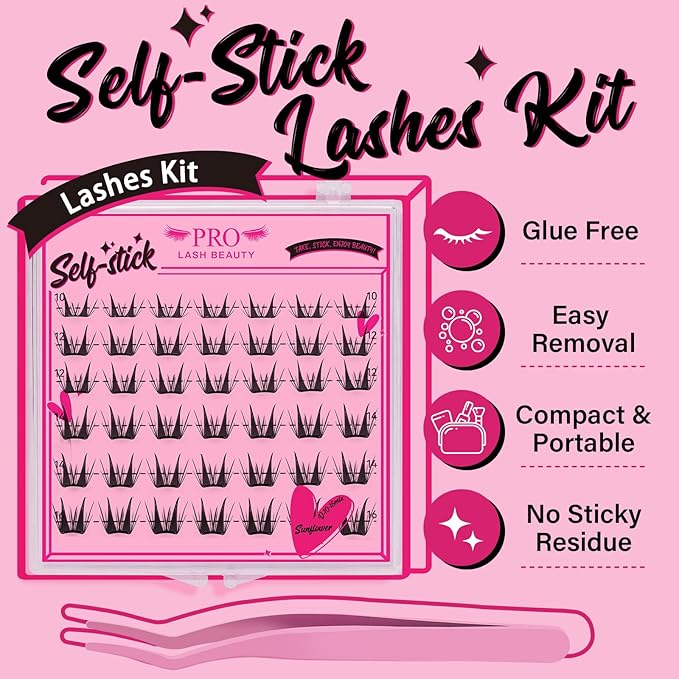 PRO Self Adhesive False Eyelashes,Lash Clusters No Glue Needed Pre Glued No Remover,1 applicator,Easy to Apply, Curved-Thin Band Reusable Cluster Lashes(Sunflower-D-10-16mix)