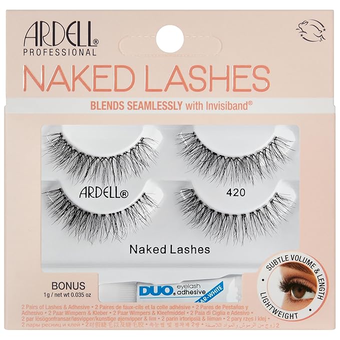 Ardell Naked Lashes 420 - Natural Volume & Lightweight Black Strip Lashes, 2 Pairs with 1g DUO Pipette, 1 Set