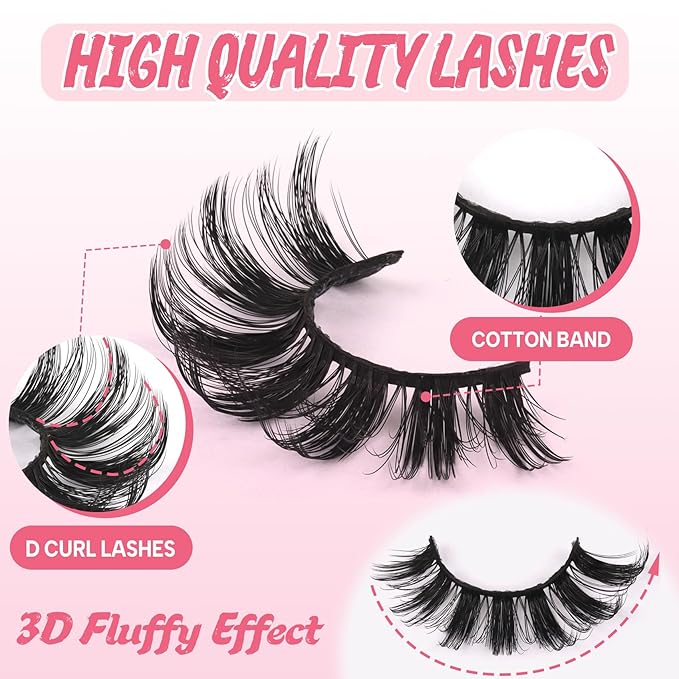 Ahrikiss Lashes Russian Strip Lashes That Look Like Extensions D Curl Fluffy False Eyelashes 10 Pairs 3D Volume Fake Lashes Wispy Faux Mink Lashes Natural Look (D19)