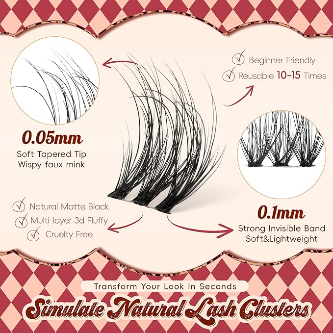 Lash Clusters 0.05mm PBT Fiber Eyelash Clusters, 0.1mm Superfine Invisiband D Curl Diy Lash Extension, 72pcs 8-16mm Individual Like Eyelash Extensions (Soul-D-8-16Mix)