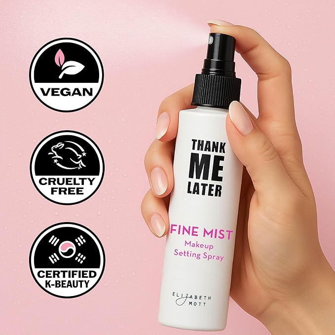 Elizabeth Mott Thank Me Later 3-in-1 Dewy Makeup Setting Spray – Hydrating & Long-Lasting Fine Mist with Niacinamide for a Radiant Glowy Look – Lightweight, Cruelty-Free, Travel-Size Face Spray, 30ml