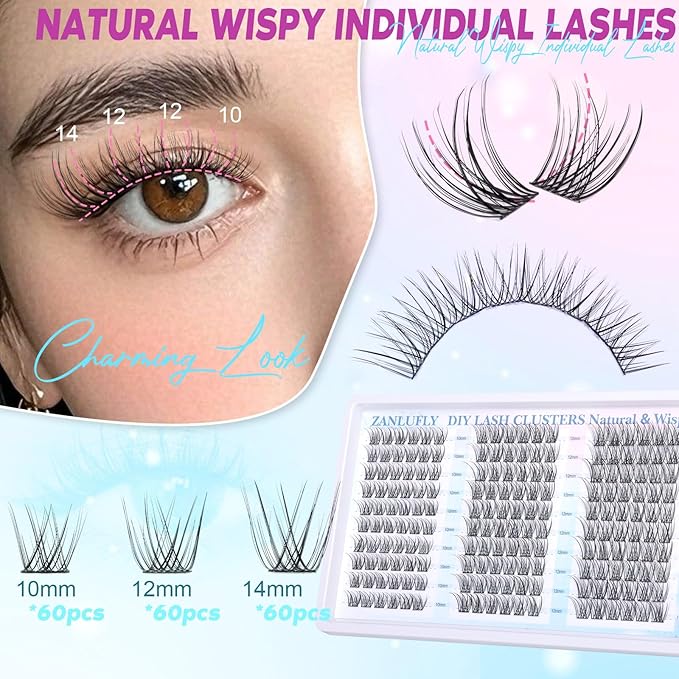 Lash Clusters Natural Eyelash Clusters C-curly Lashes DIY Cluster Eyelash Extensions 10-14MM Individual Lashes 180PCS Lash Extension by zanlufly