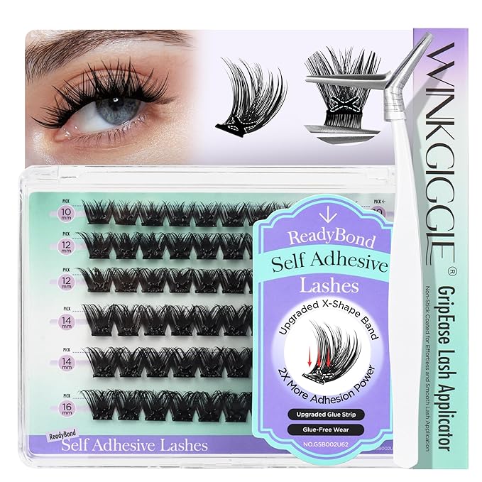 Self Adhesive Eyelashes, Winkgiggle Self Adhesive Lash Clusters, 60pcs No Glue Needed Reusable Pre-Glued Eyelashes No Remover No Residue for Beginners(N163)