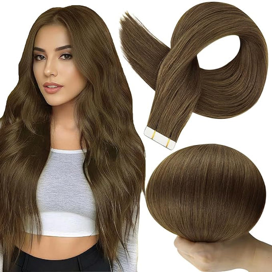 Full Shine Brown Tape in Hair Extensions Color 3 Brown Tape in Extensions Human Hair 22Inch Remy Seamless Invisible Skin Weft Cuticles Aligned 40Pcs for Women Daily Office Look 100G