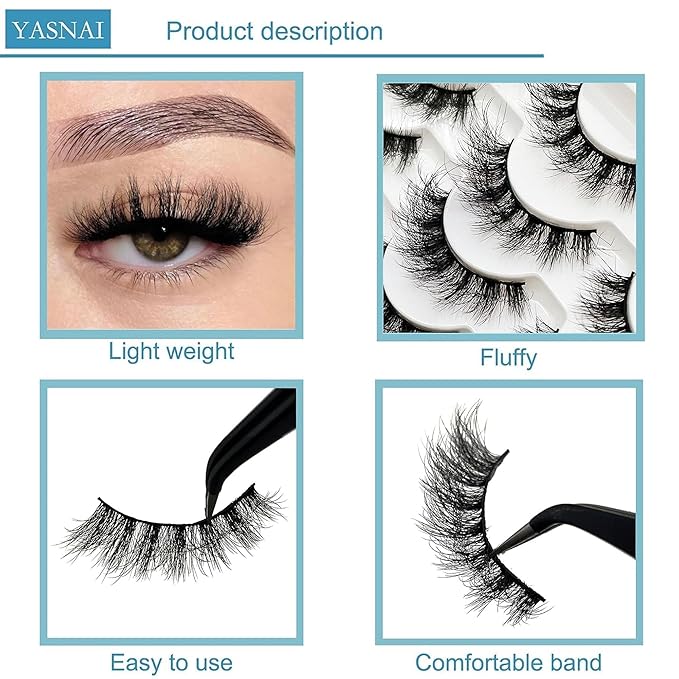 Yasnai Lashes False Eyelashes Fluffy Faux Mink Lashes Natural Eyelashes 14 Pairs Pack 9D Wispy Cat Eye Fake Lashes