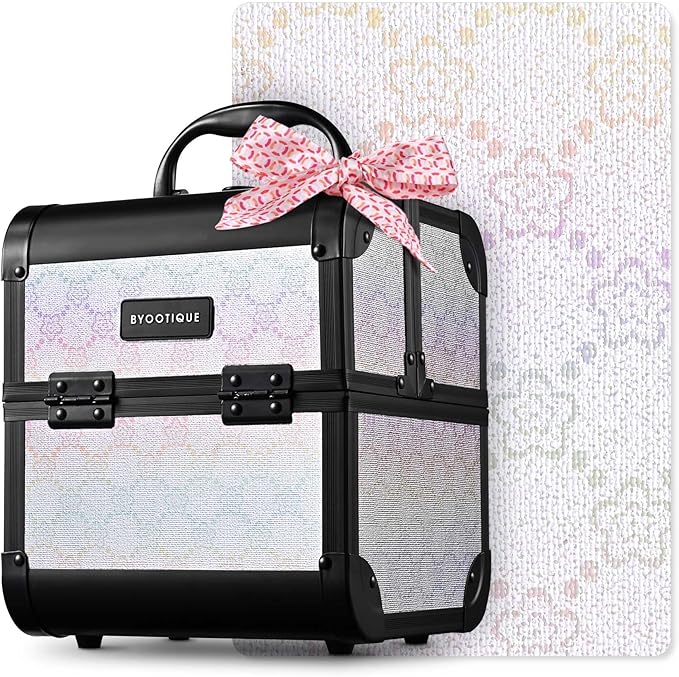 BYOOTIQUE Makeup Trolley with Mirror Travel Cosmetic Case 2-Tier Trays Lockable Nail kit Organizer for Nail Bar Beauty Salon Manicurist Hairstylist,Pure ForgetMeNot