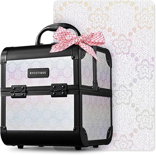 BYOOTIQUE Makeup Trolley with Mirror Travel Cosmetic Case 2-Tier Trays Lockable Nail kit Organizer for Nail Bar Beauty Salon Manicurist Hairstylist,Pure ForgetMeNot