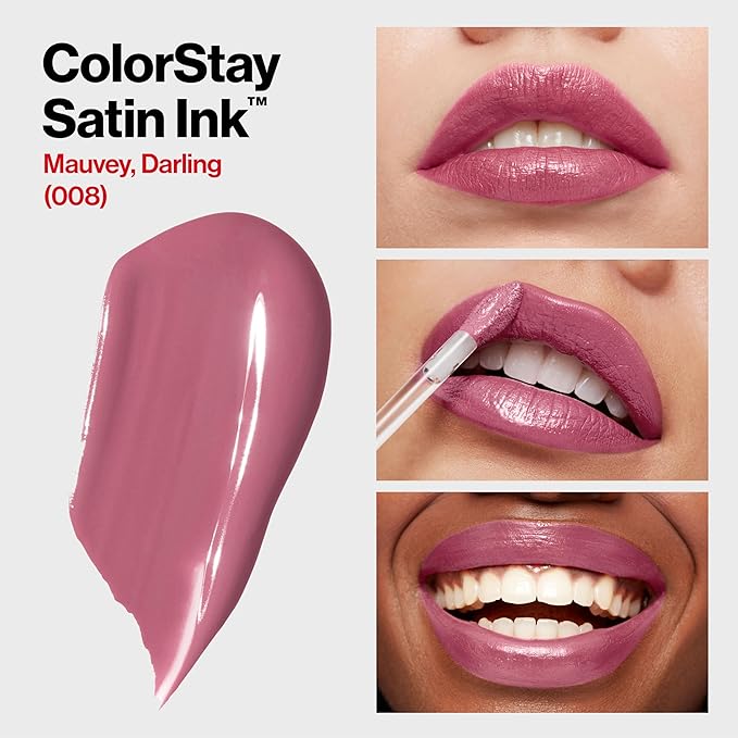 Revlon ColorStay Satin Ink Liquid Lipstick, Longwear Rich Lip Colors, Formulated with Black Currant Seed Oil, 008 Mauvey, Darling, 0.17 fl oz