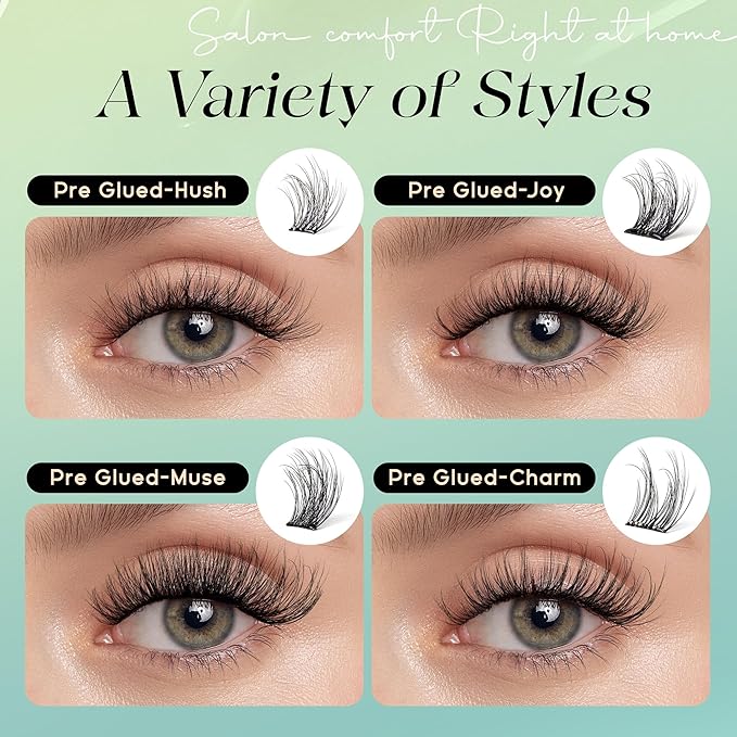 Self-Adhesive Lash Cluster, Pre-Glued Clusters, Pop-On Faux Eyelashes, 3D Thin Band D Curl Natural Look Lahses, Easy to Apply, Reusable 0.05mm Eyelash Extensions (Green Muse-D-0.05-10-16mix)