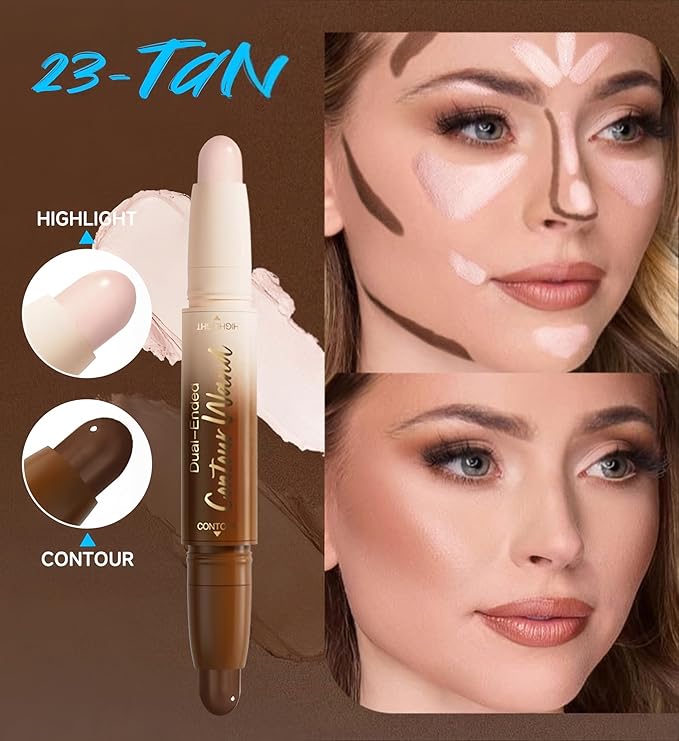 MAEPEOR Contour Highlighter Stick 2 in 1 Smooth Natural Glow Cream Bronzer and Highlighter Stick Long Lasting Non-greasy and Non-drying Brightening Pen (03 Tan)