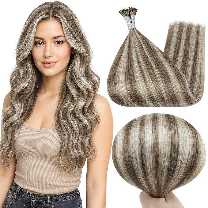 Full Shine I Tip Hair Extensions Human Hair 20 Inch Long Straight Itip Extensions Ash Brown Highlight Platinum Blonde Itip Human Hair Extensions 40 Grams add Length