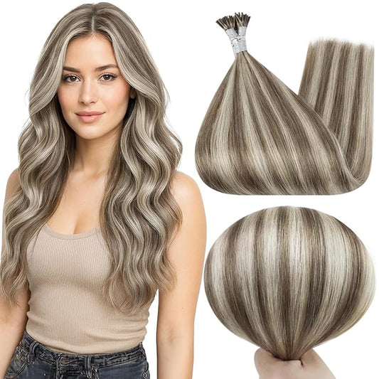 Full Shine I Tip Hair Extensions Human Hair 20 Inch Long Straight Itip Extensions Ash Brown Highlight Platinum Blonde Itip Human Hair Extensions 40 Grams add Length
