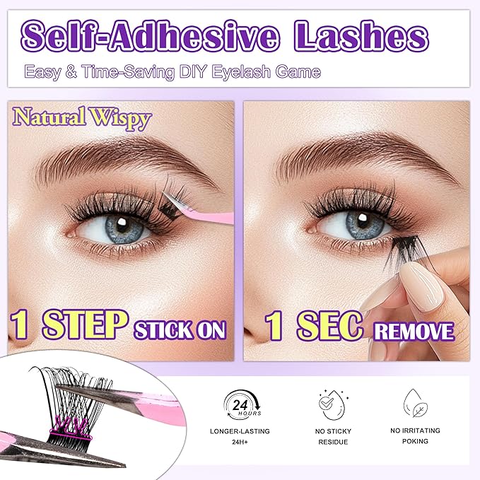 JoMay Self Adhesive Eyelashes, Press on Lashes No Glue Needed, Glueless Lashes Pre-Glued Natural Cluster Extension Kit D Curl For Beginners, No Sticky Residue 1 Step DIY 48PCS 10-16mm X01