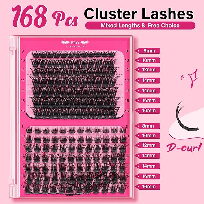 Lash Clusters,168 Pcs Eyelash Clusters 8-16 Mixed Cluster Eyelash Extensions 2 Styles Mixed Lash Extension Super Thin Band And Reusable Soft & Comfortable (Adore+First Glance,D-8-16mix)