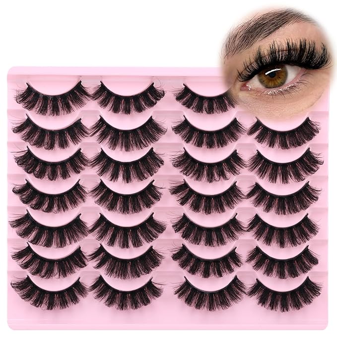 False Eyelashes Volume Russian Strip Lashes D-Curly Cat Eye Lashes Natural Fake Eyelashes Extension Handmade Soft Reusable 14 Pairs Wispy Lashes Pack