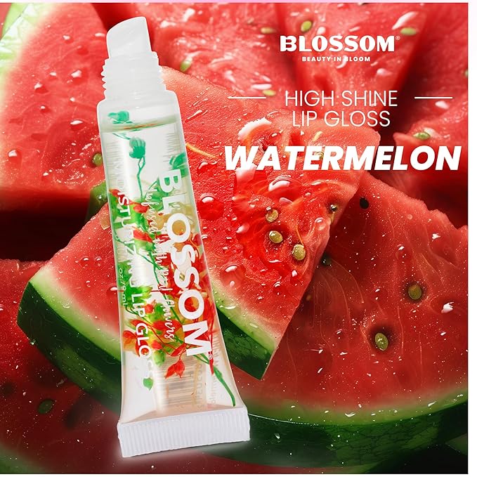 Blossom Scented Moisturizing Lip Gloss Tubes + pH Color Change Crystal Lip Balm, Infused with Real Flowers, 0.9 fl. oz/27ml, 3 pack Full Size Gift Set, Strawberry/Pink/Watermelon