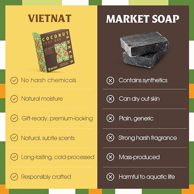 Coconut Shreds Soap Bar (Pack of 3) – 2-in-1 Cleansing & Exfoliating, Cold Process Handmade Bar with Real Coconut, Nourishing Body Soap, Made in Vietnam