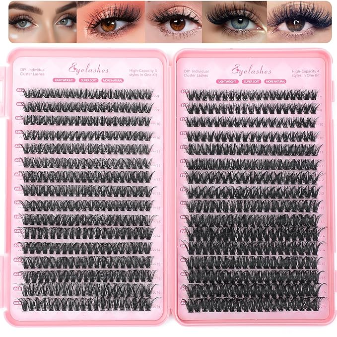 Lash Clusters Kit, 640 Pcs Eyelashes Clusters Extensions Kit 9-16mm Individual Lashes D Curl Fluffy Wispy False Eyelashes Thin Band(60D&80D)