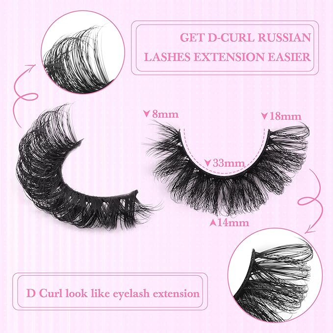 False Eyelashes Volume Russian Strip Lashes D-Curly Fake Eyelashes Extension Wispy Cat Eye Lashes Handmade Soft Reusable 14 Pairs Lashes Pack