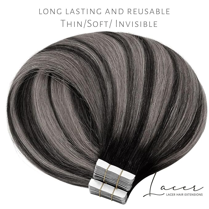 Lacer Grey Tape in Hair Extensions Real Human Hair Natural Black to Silver Highlights with Natural Black Roots Tape in Hair Extensions 20pcs 50g 14 Inch