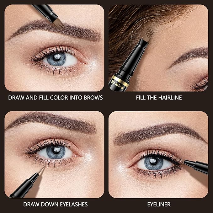 Eyebrow Pen, Soleira Waterproof Eyebrow Pencil with 4 Tip Microblading Eyebrow Pen and Dual-ended Eyebrow Brush, for Natural-Looking Brows, Long-Lasting, V2 Dark Brown