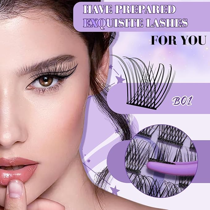 B&Q Wispy Lash Clusters Kit B01, DIY Lash Extension Kit 156PCS Eyelash Extension Kit, Soft Natural Lash Clusters 8-18MIX D Curl Lash cluster, Thin Black Band Cluster Eyelash Extensions (B01 Set)