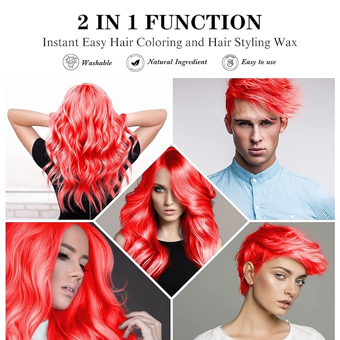 Temporary Red Hair Spray Color Wax with Dye Brush, Instant Natural Hairstyle Cream 4.23 oz, Disposable Coloring Mud for Men Women Youth, Washable Styling Pomades, Party Cosplay DIY Halloween