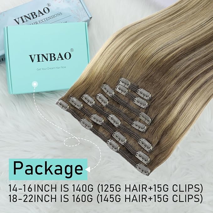 VINBAO Clip in Hair Extensions, Straight Hair Extensions Clip in Human Hair, 14inch 140g 7Pcs, 4/27/4 Balayage Chocolate Brown to Caramel Blonde, Clip ins for Women (#HC4274,14'')