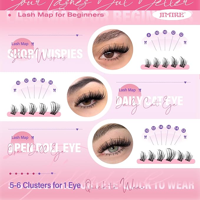 JIMIRE Lash Clusters Wispy Lash Extension Natural Eyelash Clusters 8-18MM D Curly Fluffy Cluster Eyelash Extensions with Bottom Lash Clusters 172Pcs Individual Cluster Lashes DIY at Home