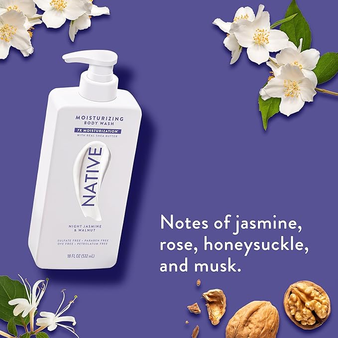 Native Moisturizing Body Wash Contains Naturally Derived Ingredients | For Women & Men, Sulfate, Paraben, & Dye Free Leaving Skin Soft and Hydrated | Night Jasmine & Walnut 18 oz