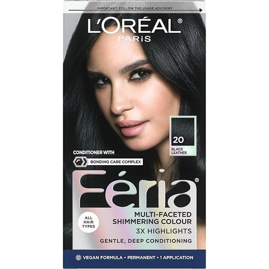 L'Oreal Paris Feria Multi-Faceted Shimmering Permanent Hair Color, 20 Black Leather (Natural Black), Pack of 1 Hair Dye Kit