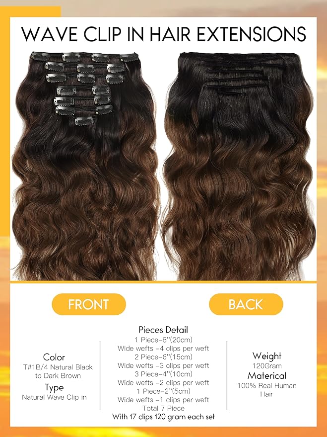 Caliee 16Inch Ombre Wavy Curly Clip in Hair Extensions Natural Black Fading into Dark Brown Clip In Human Hair for Women Natural Wave Curly Real Remy Hair Clip In Extensions 120Gram NW#T1B/4