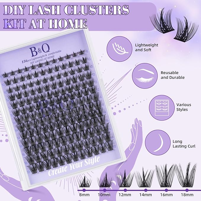 B&Q Wispy Lash Clusters Kit B31, DIY Lash Extension Kit 156PCS Eyelash Extension Kit, Soft Natural Lash Clusters 8-18MIX D Curl Lash cluster, Thin Black Band Cluster Eyelash Extensions (B31 Set)