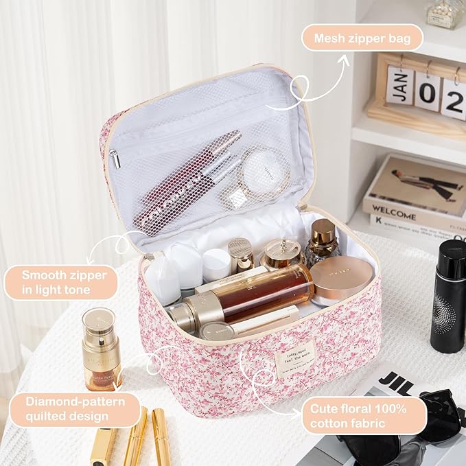 Makeup Bag for Women 3PCS Quilted Cotton Make Up Bag Travel Cosmetic Bag Large Makeup Bag Set Cute Makeups Organizer Floral Toiletry Pouch for Purse, Blush Bloom