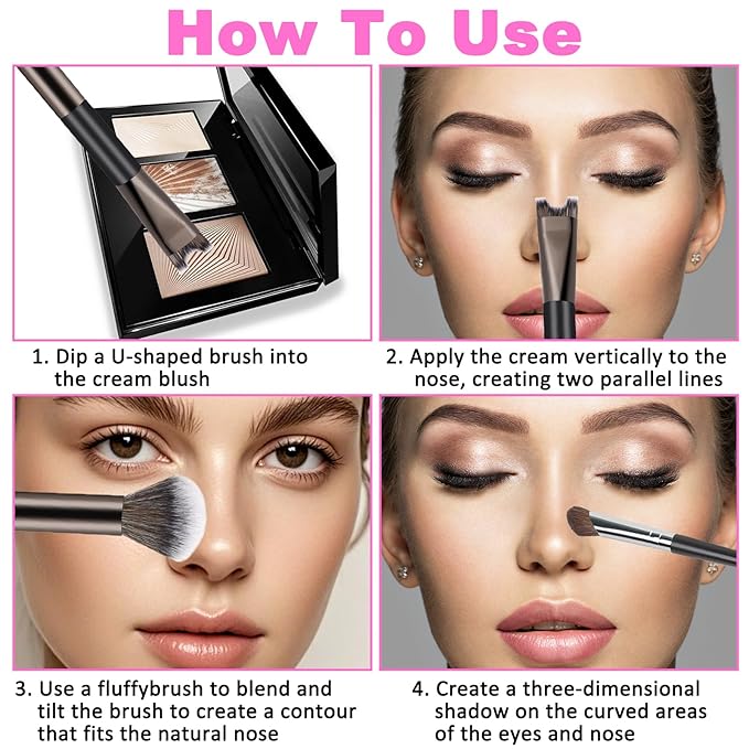 2PCS Nose Contour Brushes Set 2-In-1 U-Shaped Fluffy Angled Tilt Brush Set Dual Head Practical Makeup Tools for Precise Nose Sculpting Highlighting Defining Seamless Contouring for Makeup Artists