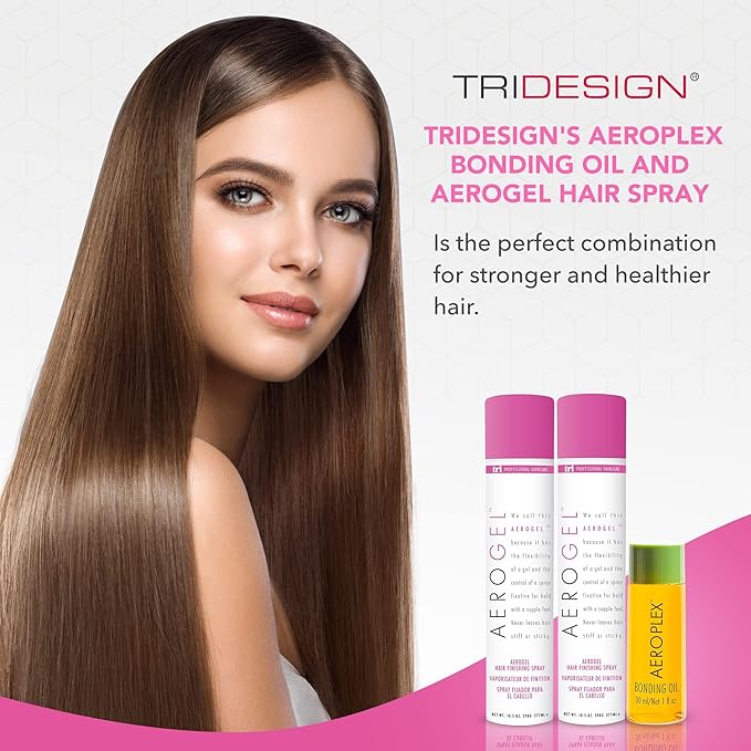TRIDESIGN Aerogel Hairspray & Aeroplex Bonding Oil Bundle - Hair Finishing Spray for Volumizing, Control, Repair & Prevent Breakage for Dry, Damaged & Frizzy Hair - Pack of 3 (10.5 Oz & 1 Oz)