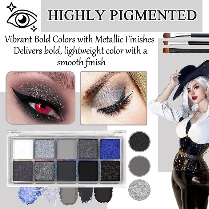 Black Grey Smoky Eyeshadow Palette,15 Colors Matte Shimmer Pigmented Eye Shadow Makeup Palette Set with 3 Eyeshadow Brushes,Glitter Eyeshadow Makeup Palette for Daily Halloween Goth Makeup(E)
