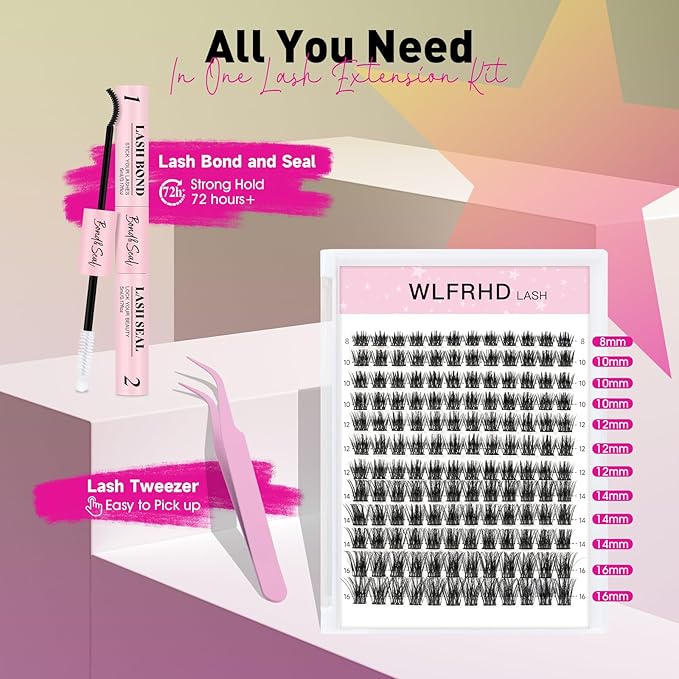 WLF Lash Clusters Kit, 144 pcs Individual Eyelash Clusters Lash Extension Kit D Curl Wispy Lash Kit with Eyelash Bond and Seal and Applicator for False Eyelash Extensions(Aether-Mix 8-16mm Kit)