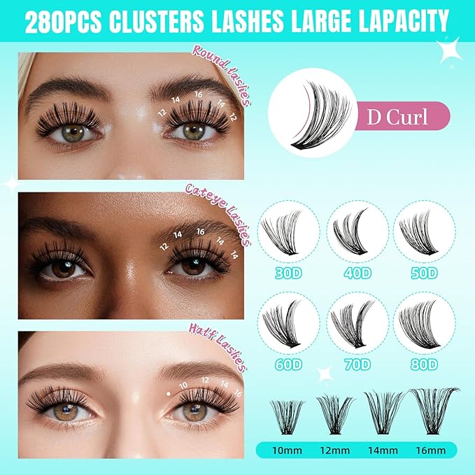 Lash Clusters Wispy 280PCS Eyelash Extension 60D Cluster Lashes Individual Lashes DIY Lash Extension Natural Look Cluster Eyelash Extensions Soft False Eyelashes at Home for Beginners(14mm)