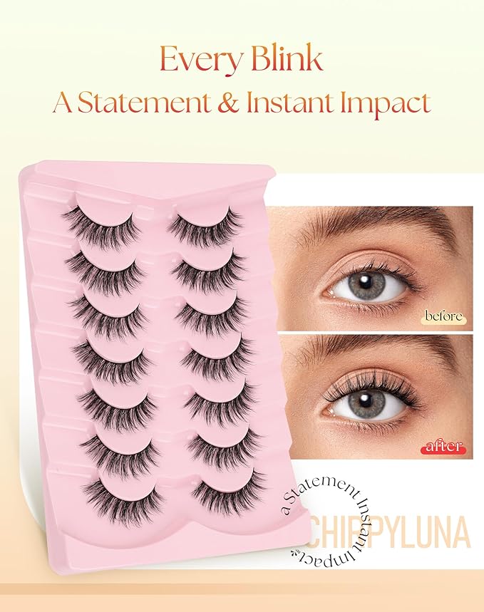 False Lashes 16MM Eyelashes Natural C Curl Lash Strips Fluffy Lashes with 0.1MM Thin Band 3D Volume Fake Eyelashes Pack ChirpyLuna 7 Pair